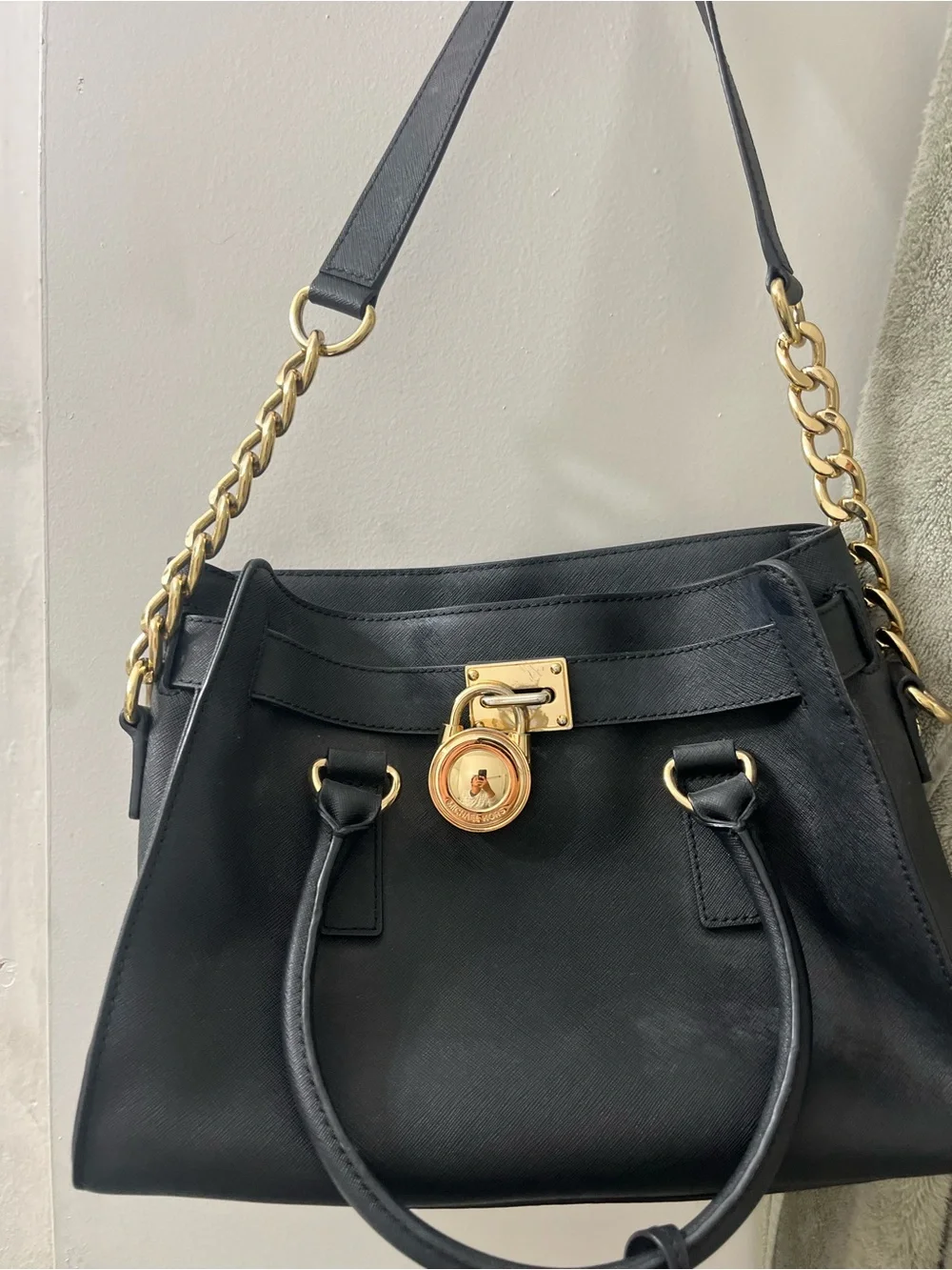 Michael Kors Black Leather Satchel with Gold Chain Accent